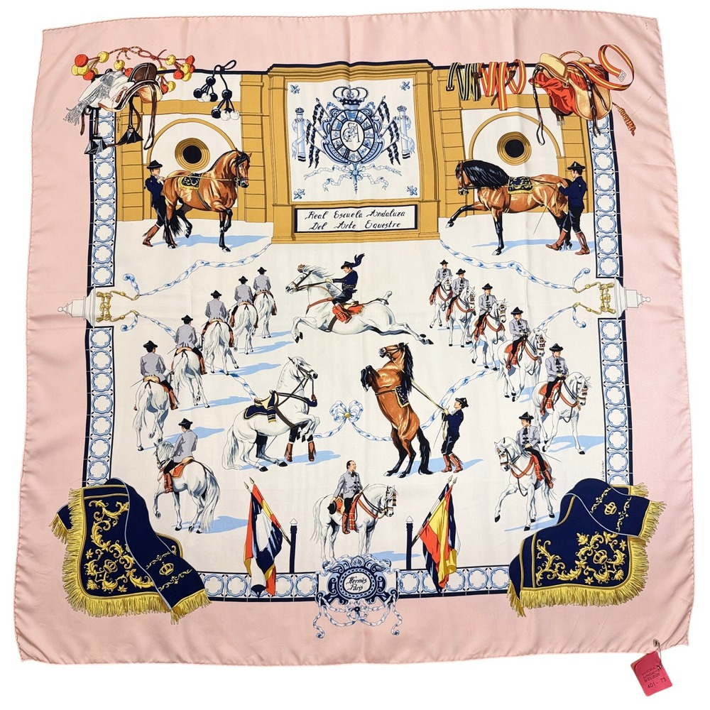 Vintage Hermès Women Pink Real Escuela Andaluza Equestrian Silk Scarf 35"